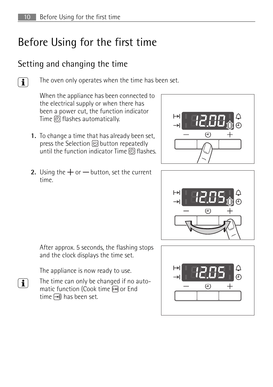 Before using for the first time, Setting and changing the time | Electrolux B3301-5 User Manual | Page 10 / 52