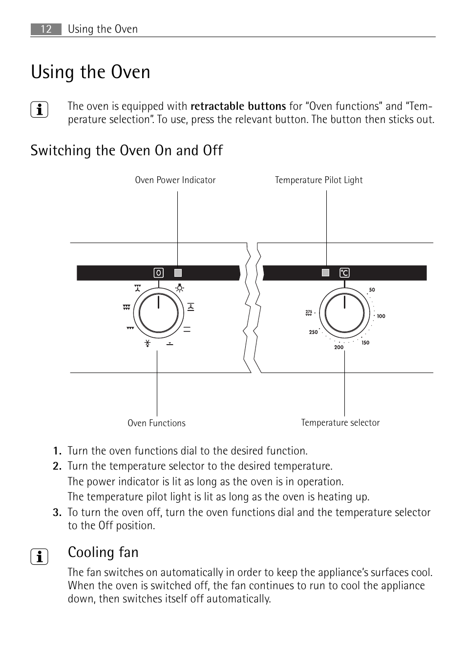 Using the oven 3, Switching the oven on and off, Cooling fan | Electrolux B3301-5 User Manual | Page 12 / 52