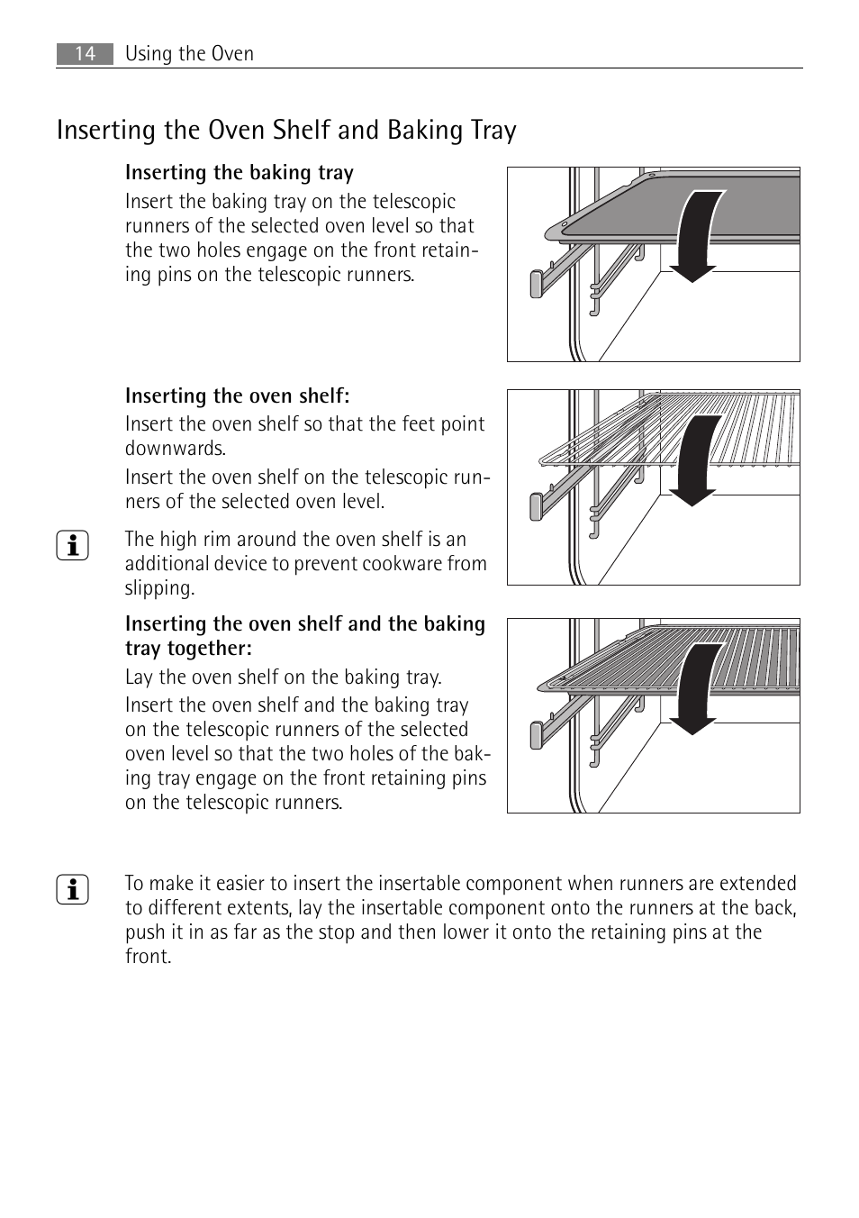 Inserting the oven shelf and baking tray | Electrolux B3301-5 User Manual | Page 14 / 52