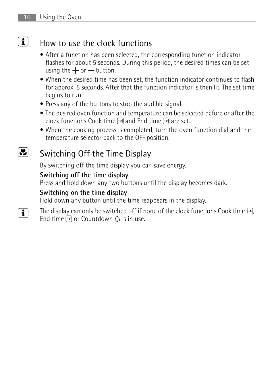 How to use the clock functions, Switching off the time display | Electrolux B3301-5 User Manual | Page 16 / 52