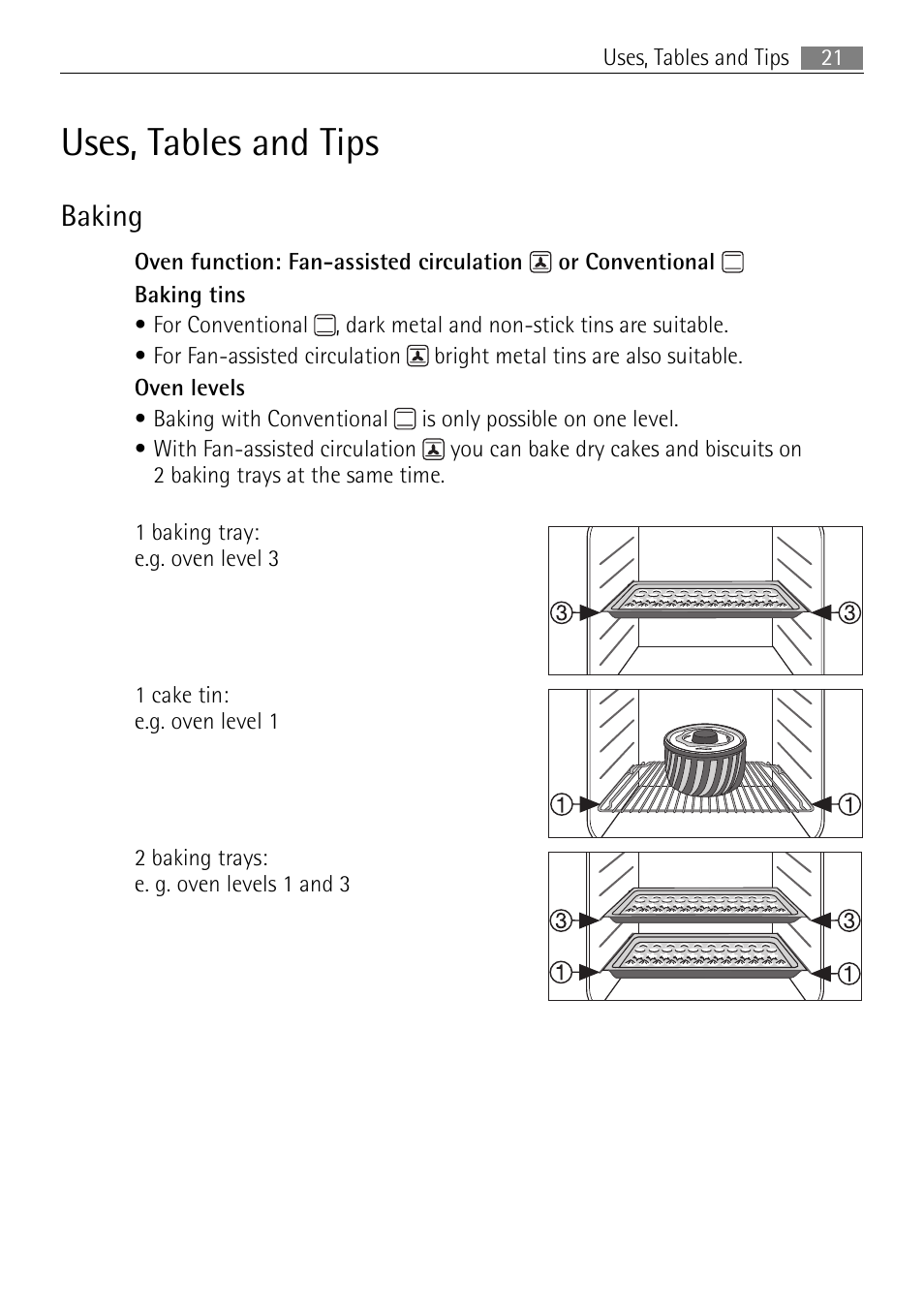 Uses, tables and tips, Baking | Electrolux B3301-5 User Manual | Page 21 / 52