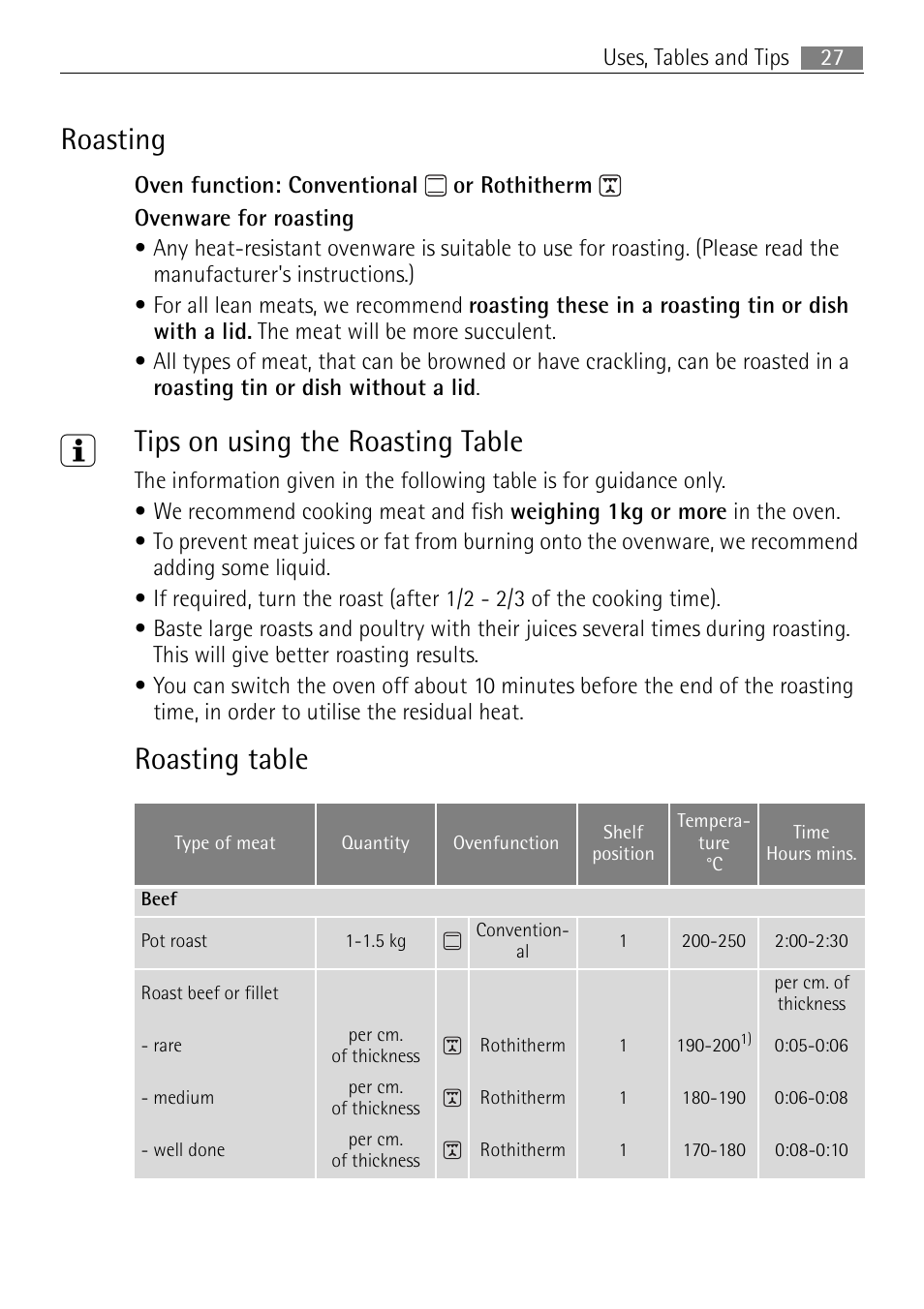 Roasting, Tips on using the roasting table, Roasting table | Electrolux B3301-5 User Manual | Page 27 / 52