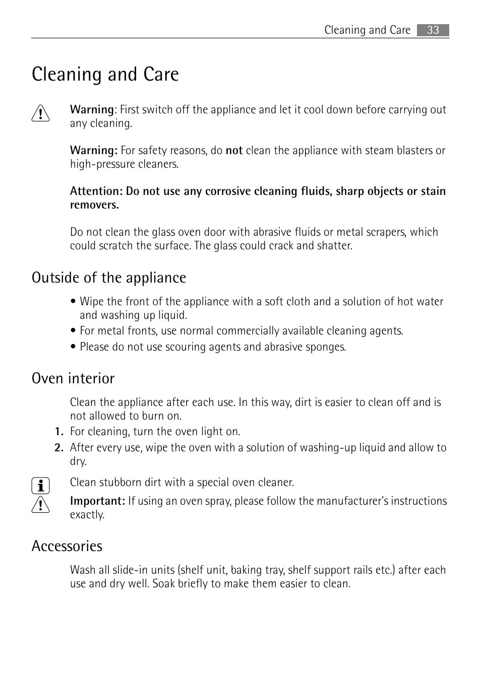 Cleaning and care 1, Outside of the appliance, Oven interior | Accessories | Electrolux B3301-5 User Manual | Page 33 / 52