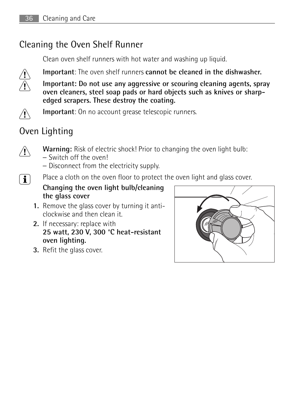 Cleaning the oven shelf runner, Oven lighting | Electrolux B3301-5 User Manual | Page 36 / 52