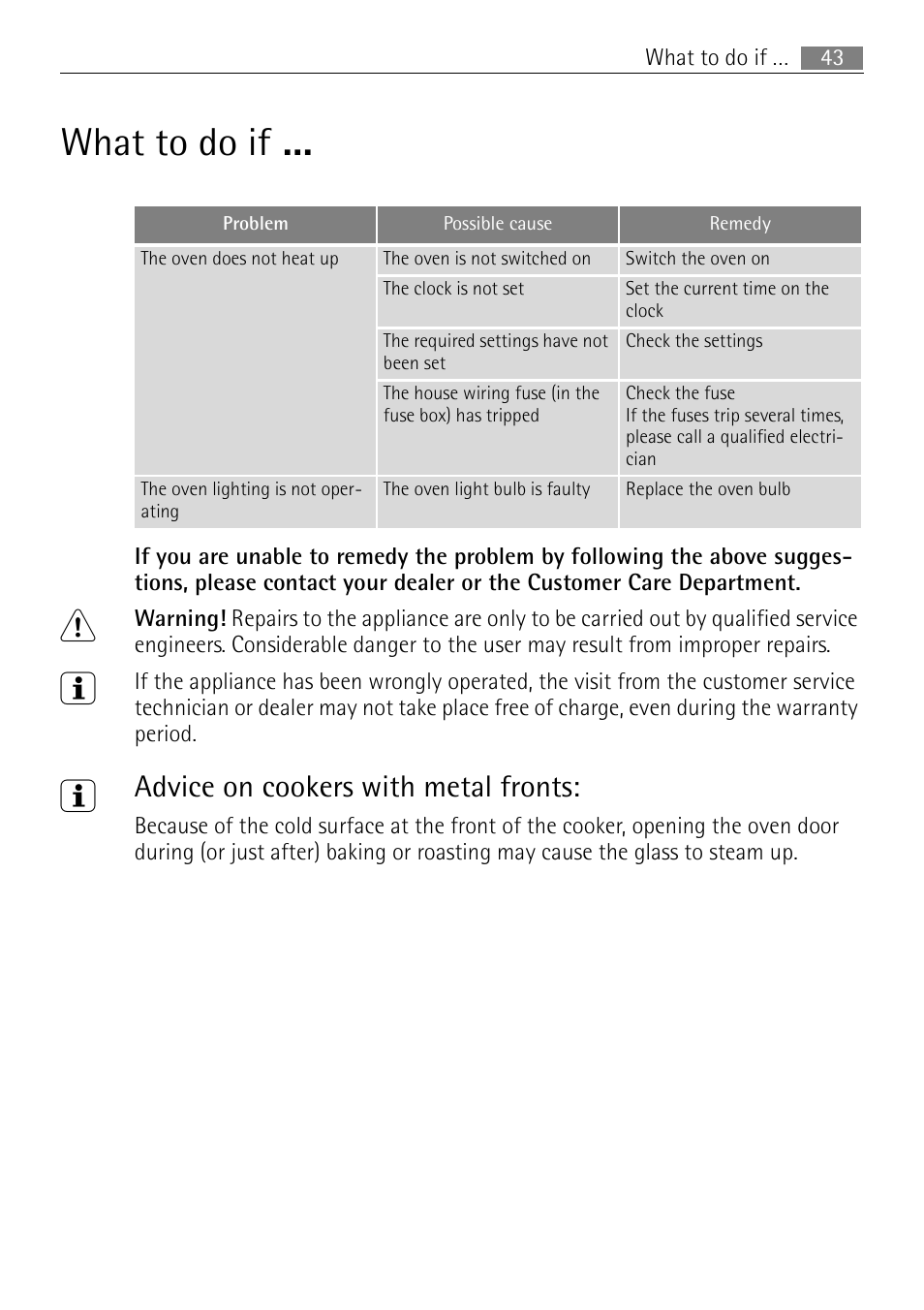 What to do if, Advice on cookers with metal fronts | Electrolux B3301-5 User Manual | Page 43 / 52