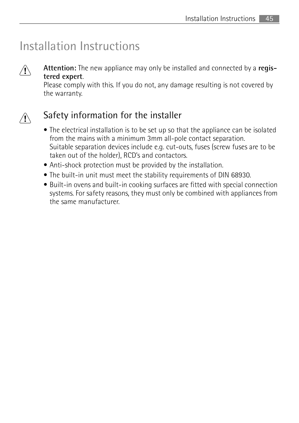 Installation instructions 1, Safety information for the installer | Electrolux B3301-5 User Manual | Page 45 / 52