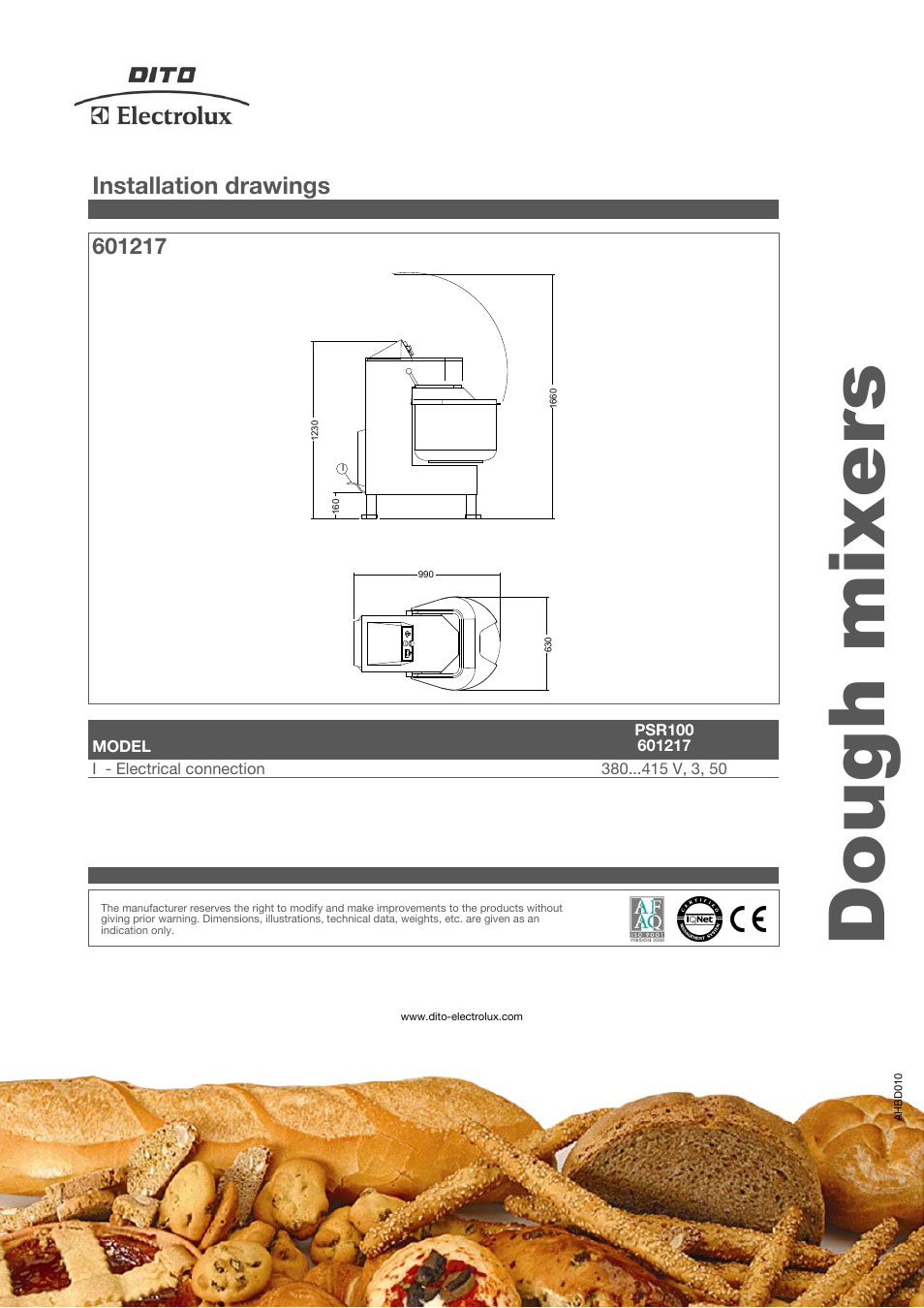 Dough mixers, Installation drawings | Electrolux Dito PSR100 User Manual | Page 3 / 3