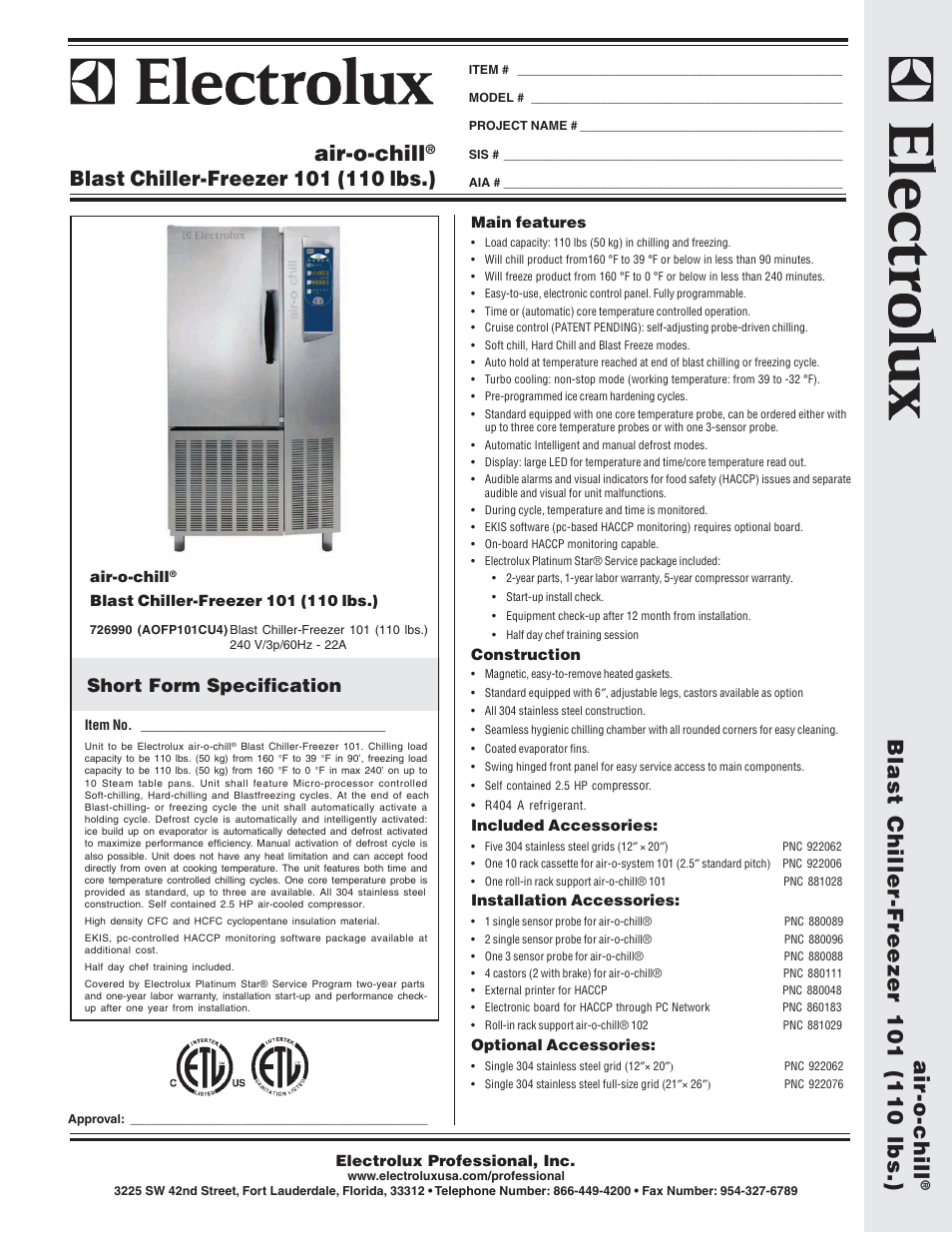Electrolux Air-O-Chill 726990 (AOFP101CU4) User Manual | 2 pages