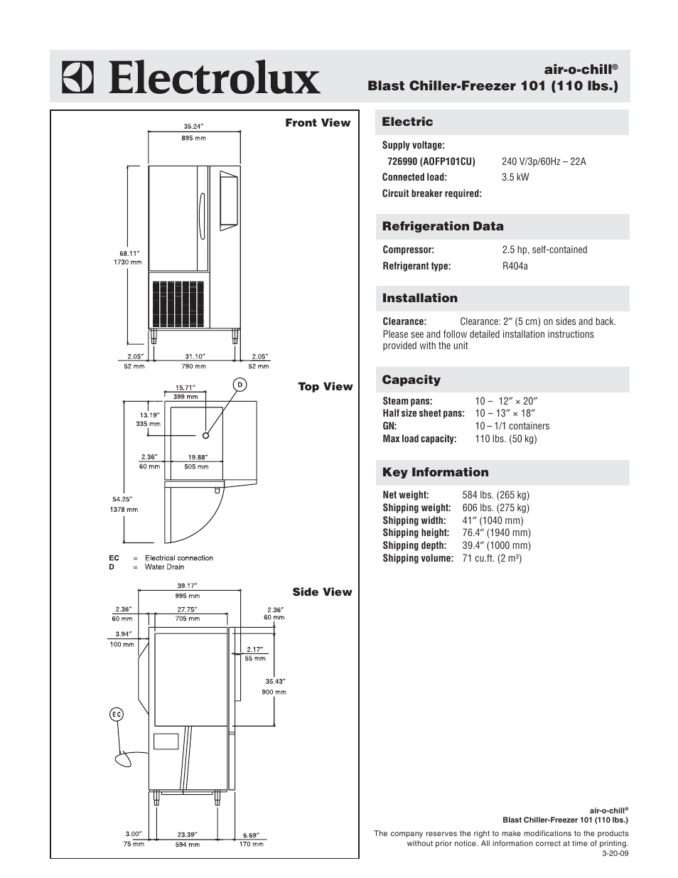 Air-o-chill | Electrolux Air-O-Chill 726990 (AOFP101CU4) User Manual | Page 2 / 2