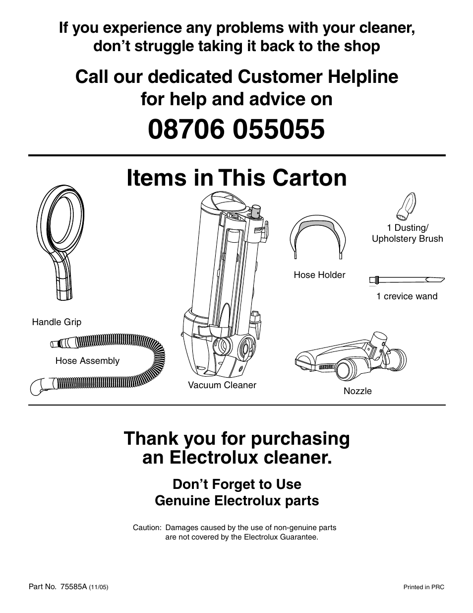 Items in this carton | Electrolux Z430 Series User Manual | Page 12 / 12