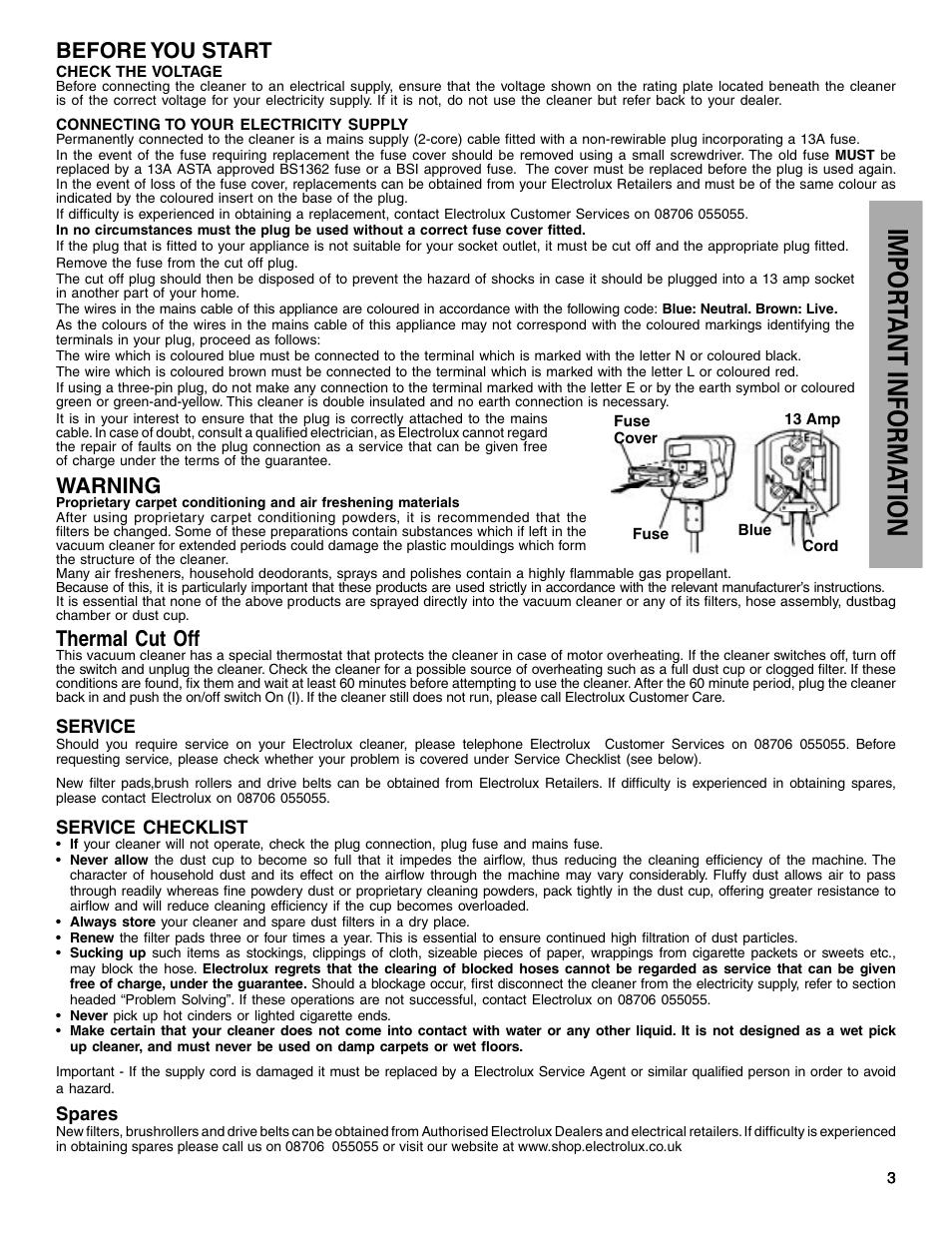 Impor tant inform ation, Before you start, Warning | Thermal cut off | Electrolux Z430 Series User Manual | Page 3 / 12