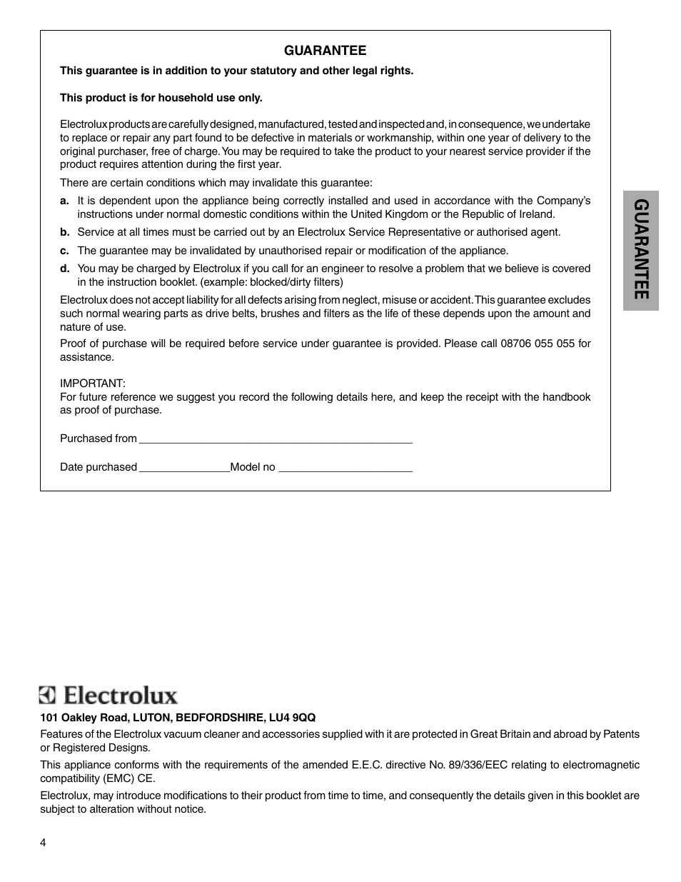 Guarantee | Electrolux Z430 Series User Manual | Page 4 / 12