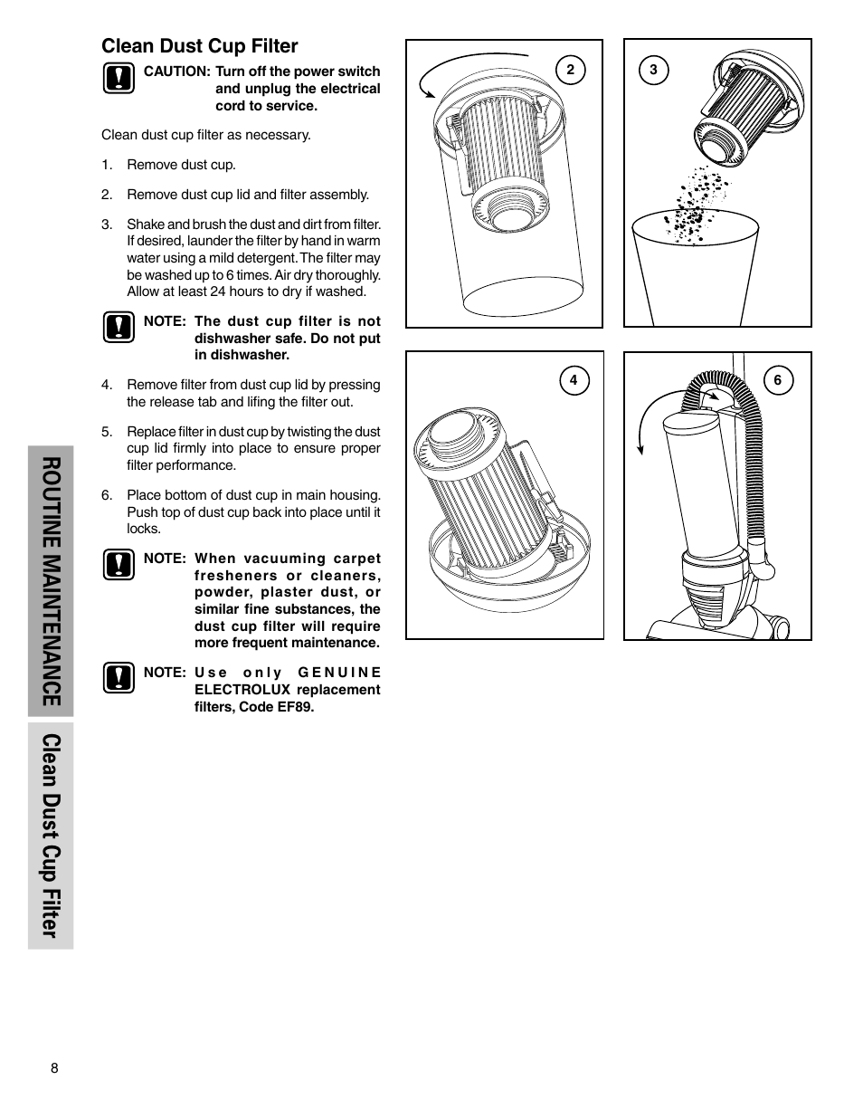 Routine maintenance clean dust cup filter, Clean dust cup filter | Electrolux Z430 Series User Manual | Page 8 / 12