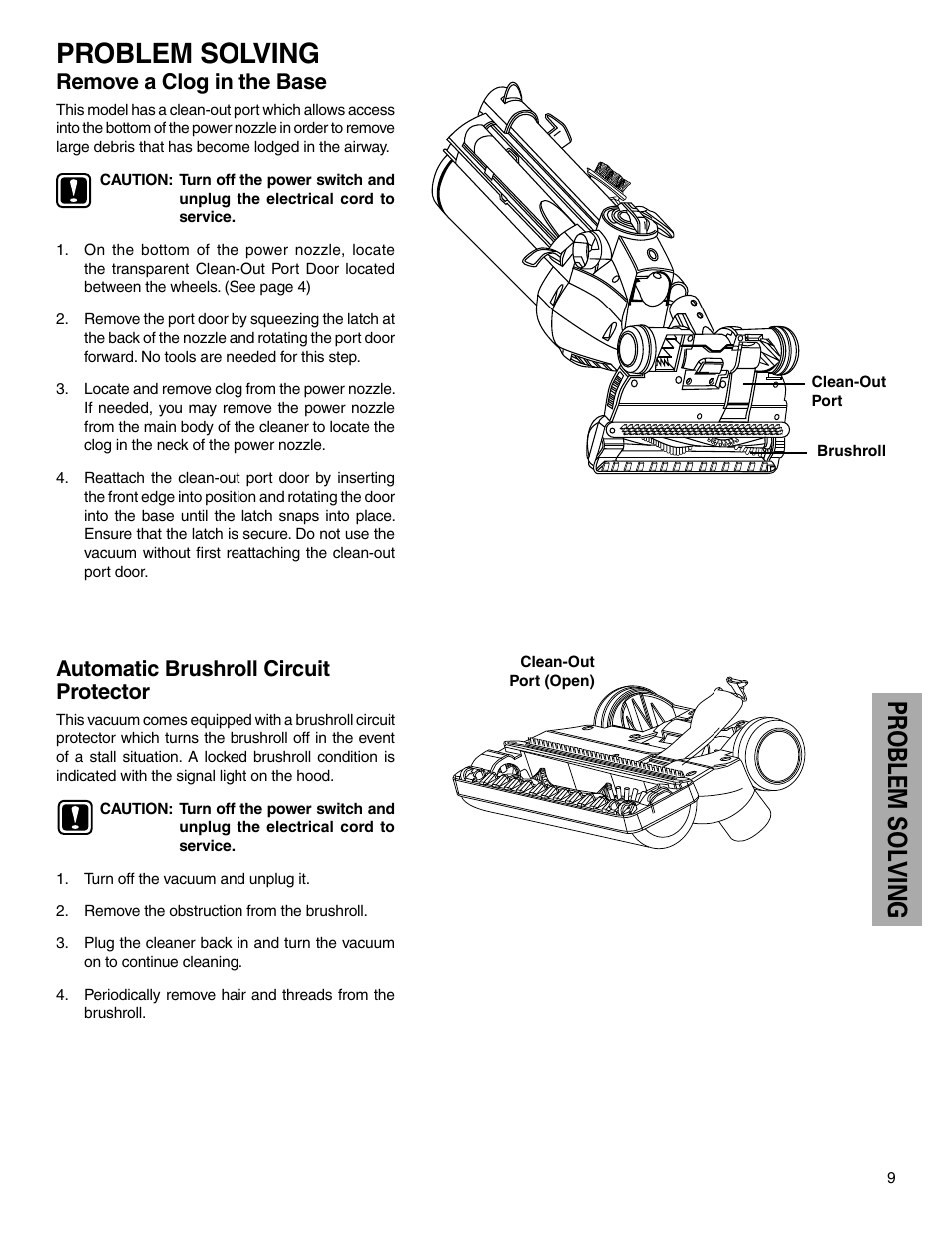 Problem solving, Remove a clog in the base, Automatic brushroll circuit protector | Electrolux Z430 Series User Manual | Page 9 / 12