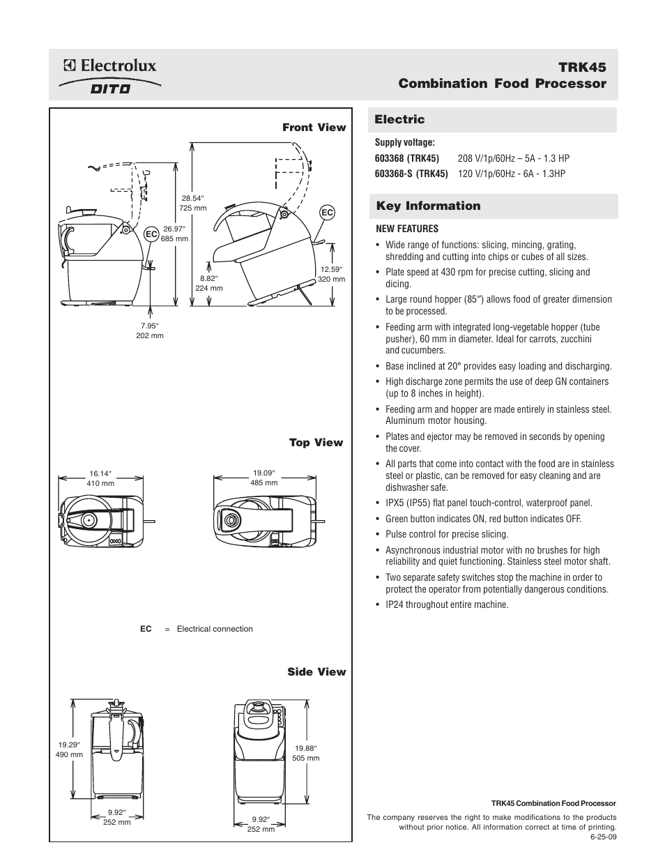 Trk45 combination food processor, Electric, Key information | Electrolux Dito 603368 User Manual | Page 2 / 2