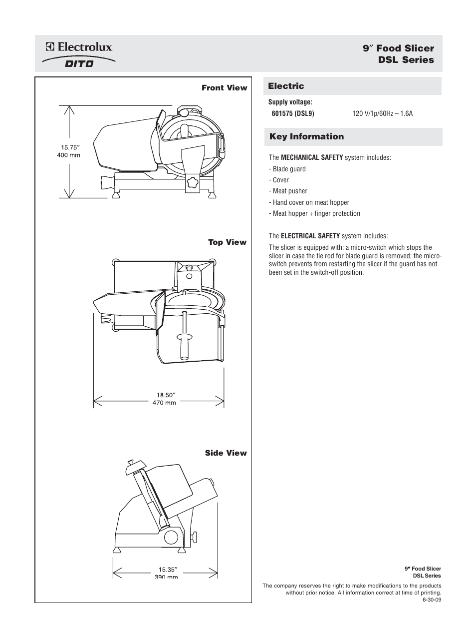 9″ food slicer dsl series | Electrolux Dito DSL9 User Manual | Page 2 / 2