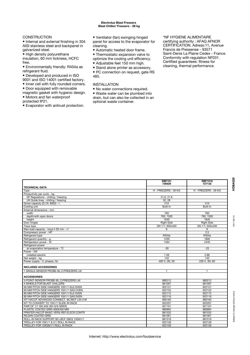 Construction, Inner cell with fully rounded corners, Motors and fan waterproof protected ip21 | Evaporator with antirust protection, Automatic heated door frame, Adjustable feet 150 mm high, Stand alone printer as accessory, No water connections required | Electrolux 726629 User Manual | Page 2 / 3