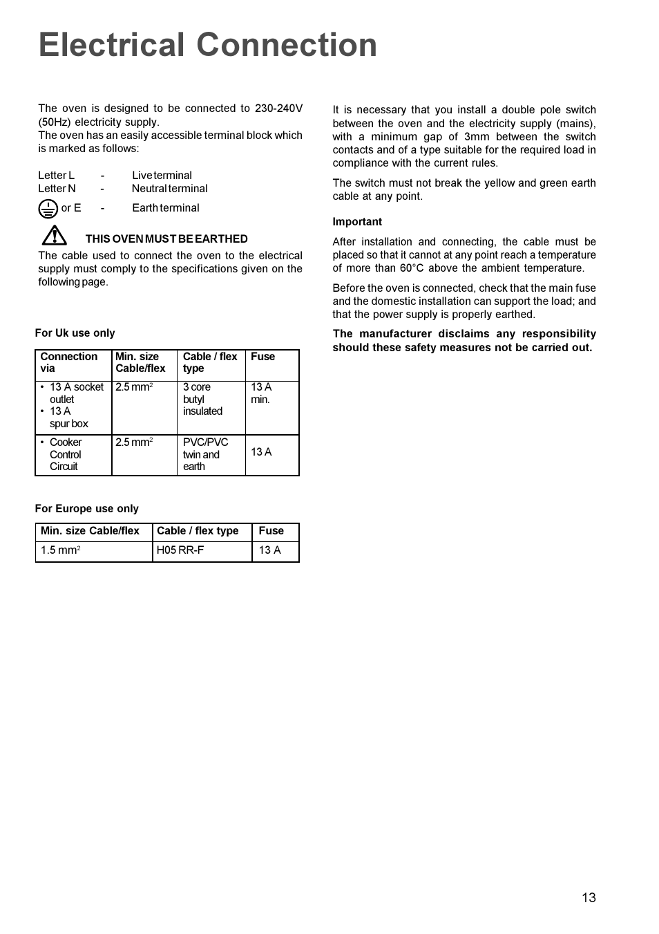 Electrical connection | Electrolux U20417 EPSOG User Manual | Page 13 / 16