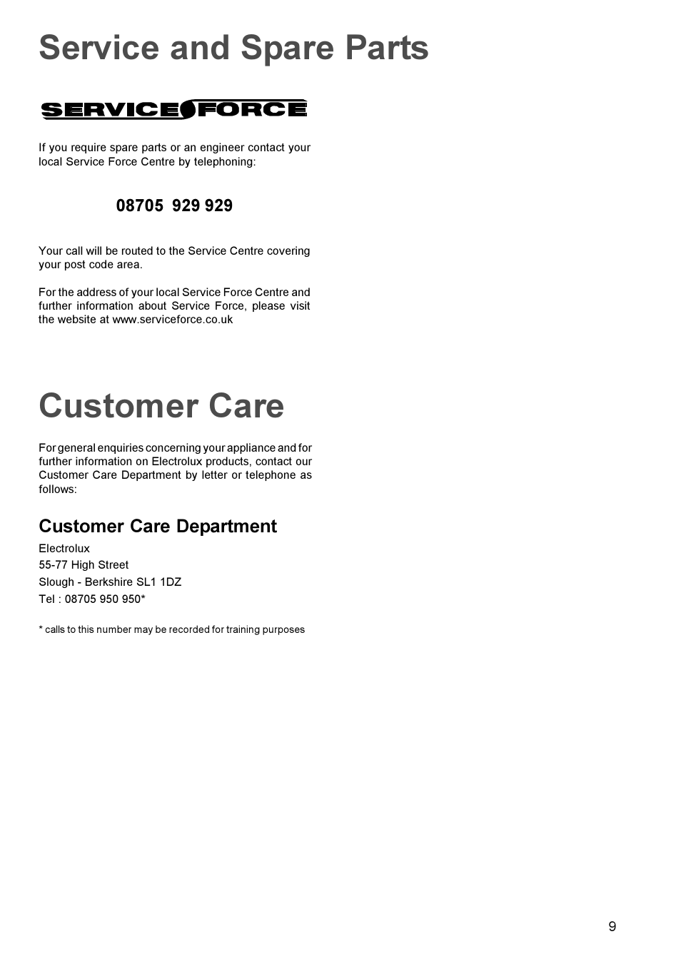 Service and spare parts, Customer care, Customer care department | Electrolux U20417 EPSOG User Manual | Page 9 / 16