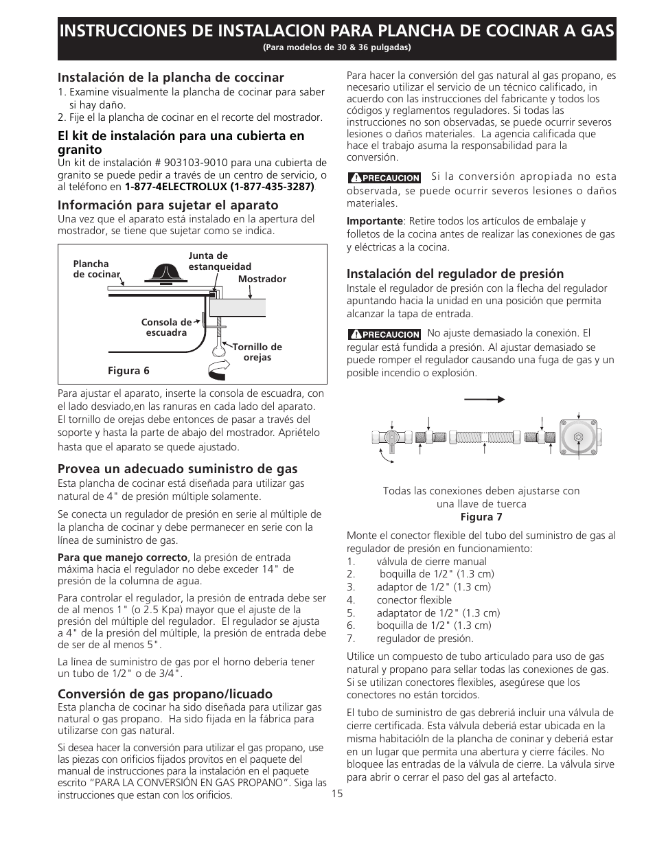 Provea un adecuado suministro de gas, Conversión de gas propano/licuado, Instalación de la plancha de coccinar | El kit de instalación para una cubierta en granito, Información para sujetar el aparato, Instalación del regulador de presión | Electrolux EW30GC55G User Manual | Page 15 / 28