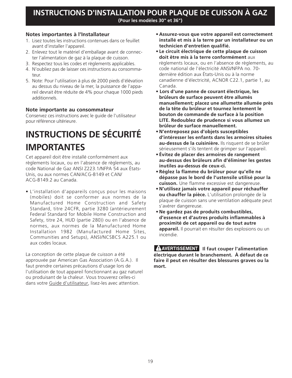 Instructions de sécurité importantes | Electrolux EW30GC55G User Manual | Page 19 / 28