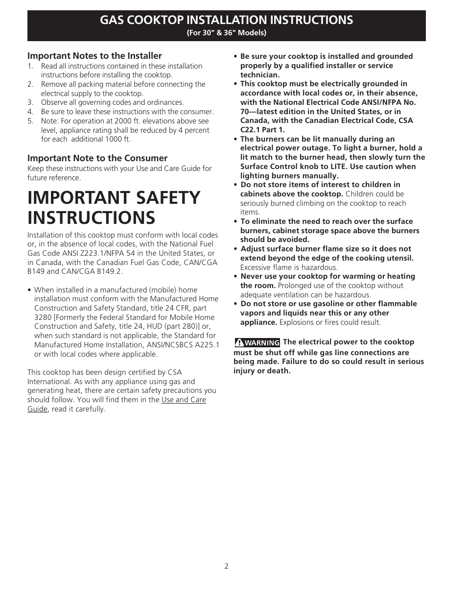 Important safety instructions, Gas cooktop installation instructions | Electrolux EW30GC55G User Manual | Page 2 / 28