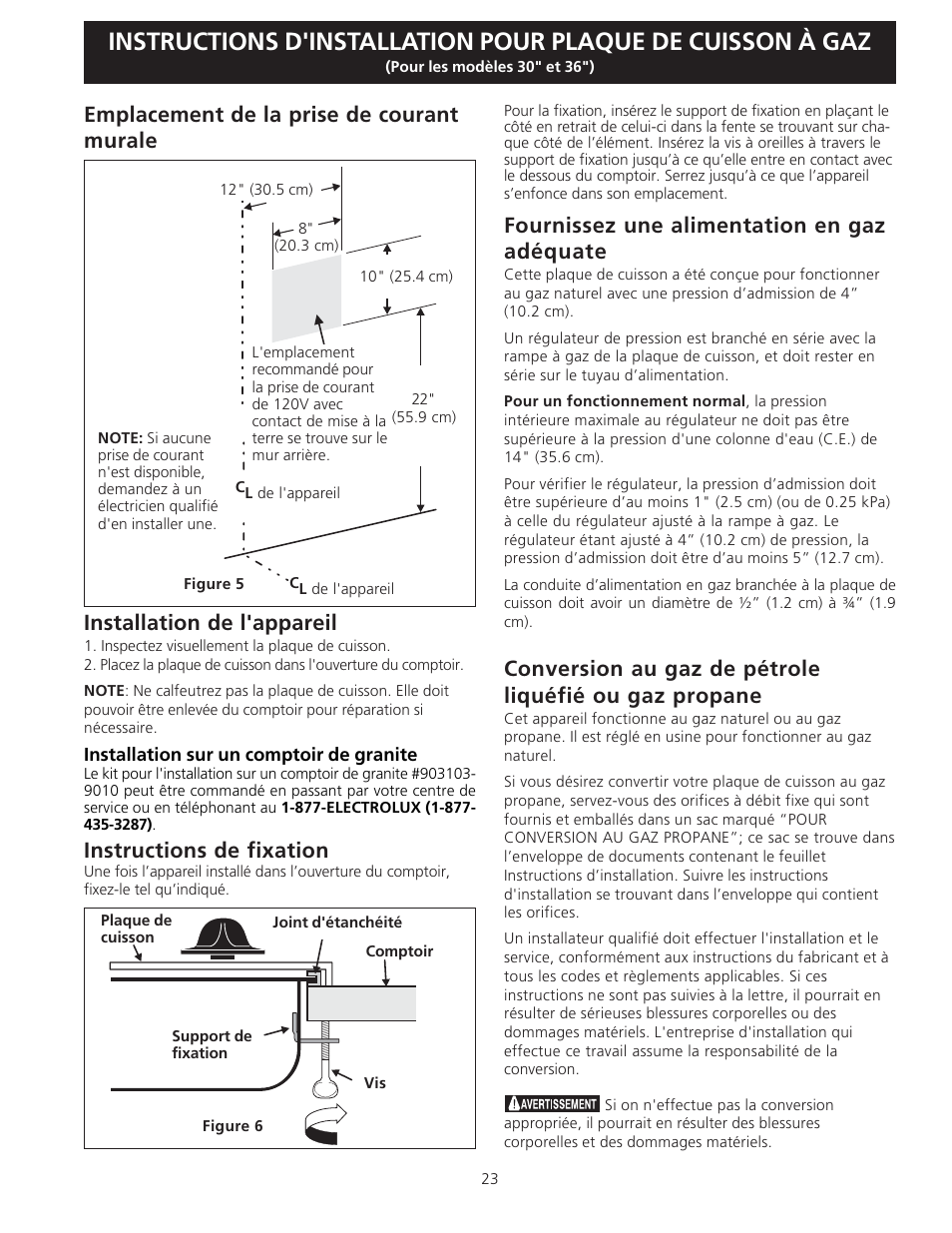 Fournissez une alimentation en gaz adéquate, Instructions de fixation | Electrolux EW30GC55G User Manual | Page 23 / 28