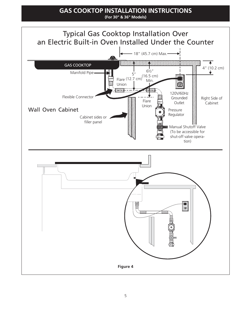 Gas cooktop installation instructions, Cooktop wall oven side view front view, Wall oven cabinet | Electrolux EW30GC55G User Manual | Page 5 / 28