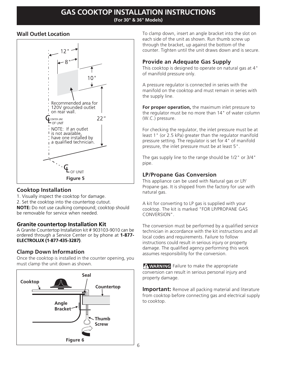 Gas cooktop installation instructions | Electrolux EW30GC55G User Manual | Page 6 / 28