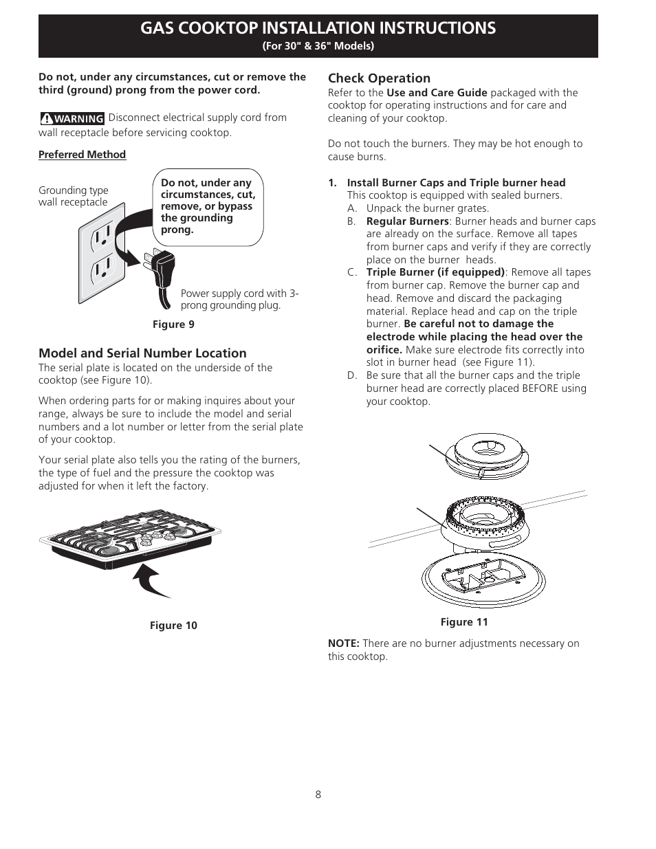 Gas cooktop installation instructions | Electrolux EW30GC55G User Manual | Page 8 / 28