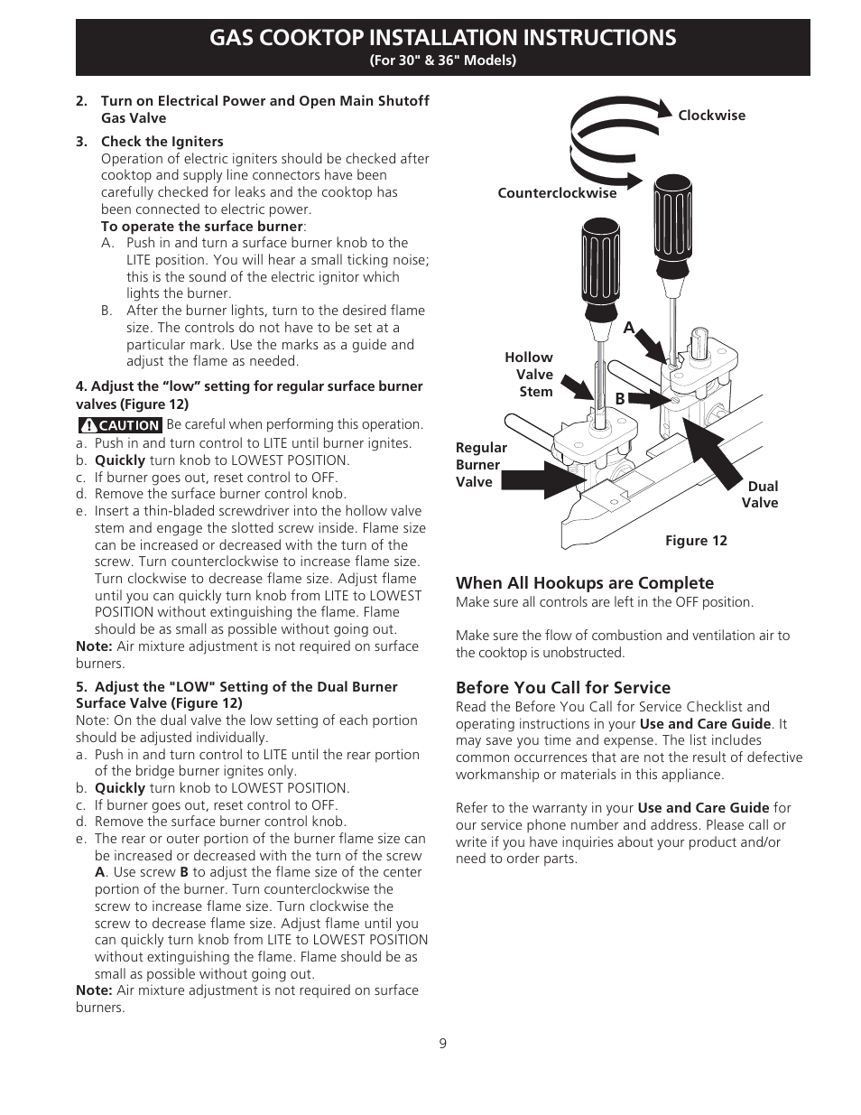 Gas cooktop installation instructions | Electrolux EW30GC55G User Manual | Page 9 / 28