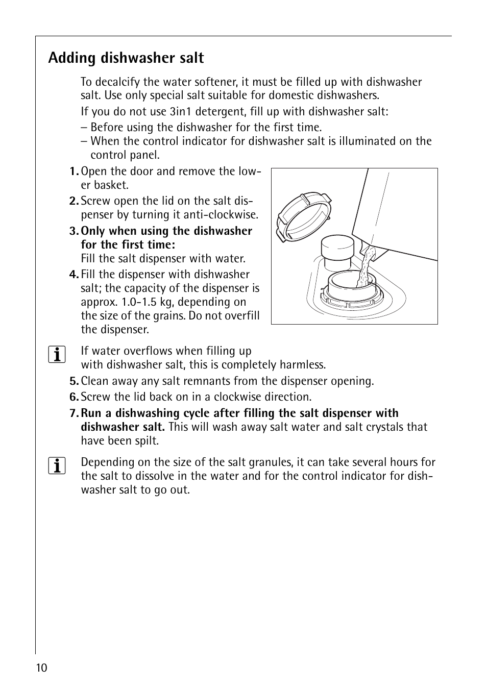 Adding dishwasher salt | Electrolux 64570 Vi User Manual | Page 10 / 44