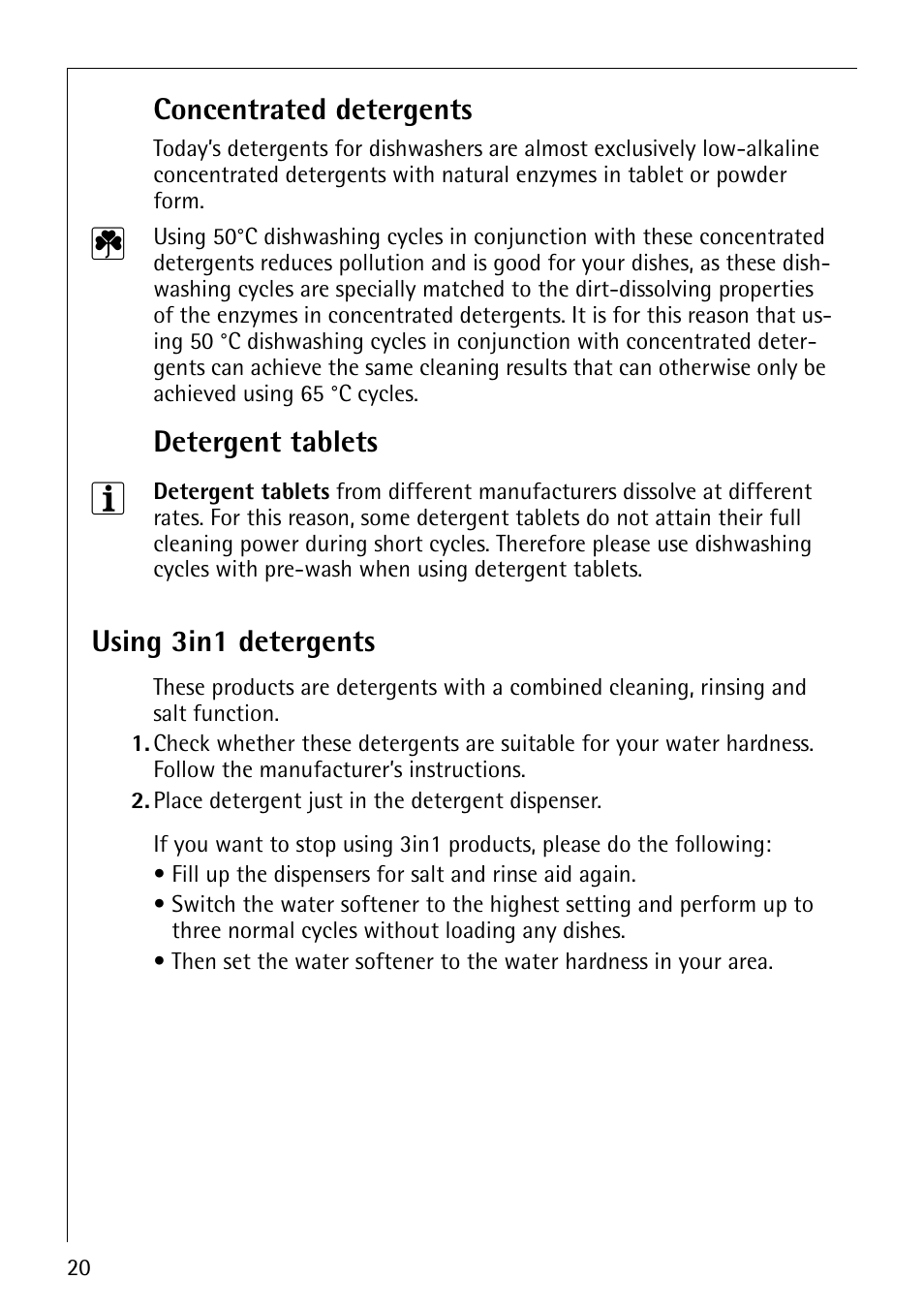 Concentrated detergents, Detergent tablets, Using 3in1 detergents | Electrolux 64570 Vi User Manual | Page 20 / 44