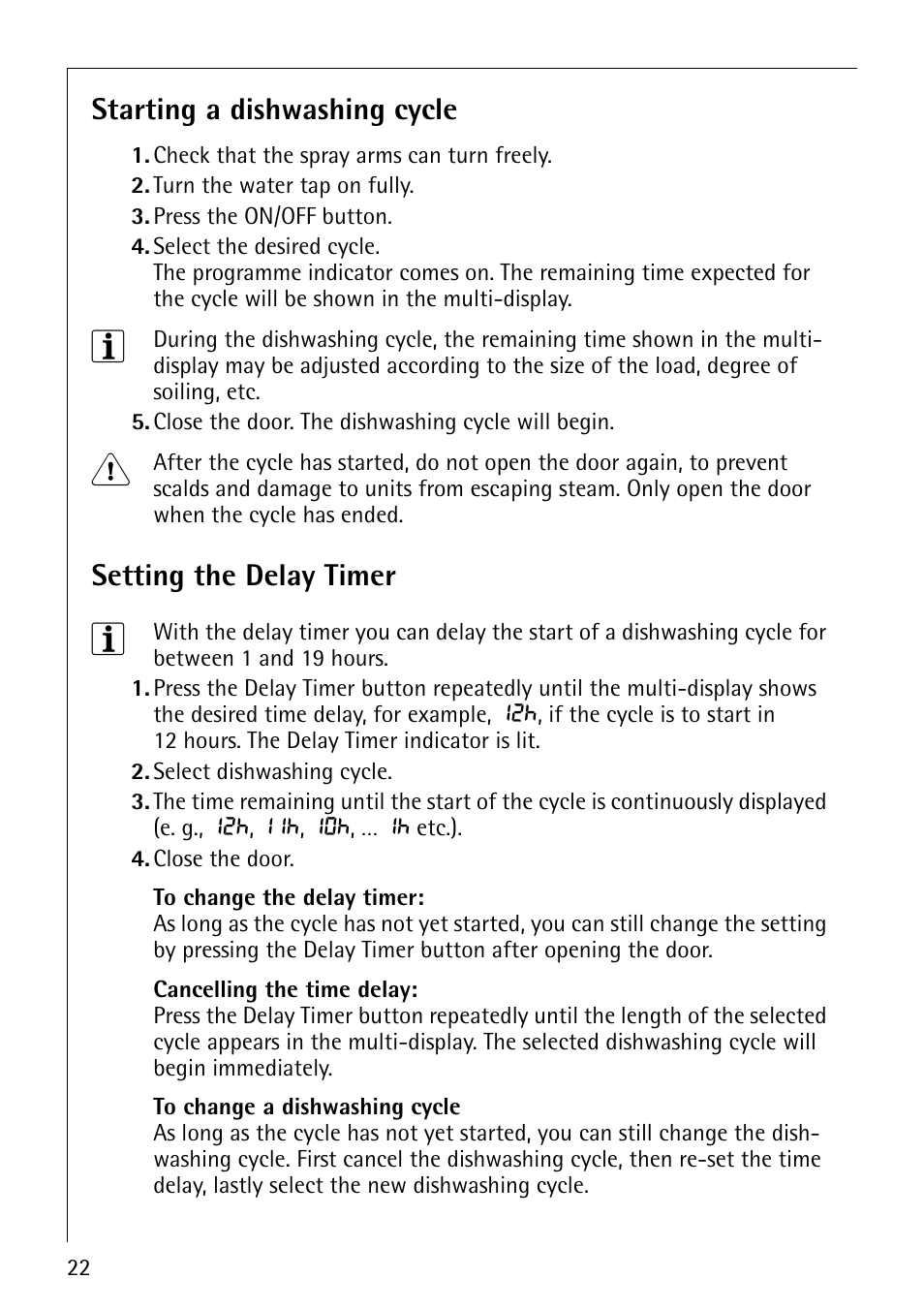 Starting a dishwashing cycle, Setting the delay timer | Electrolux 64570 Vi User Manual | Page 22 / 44