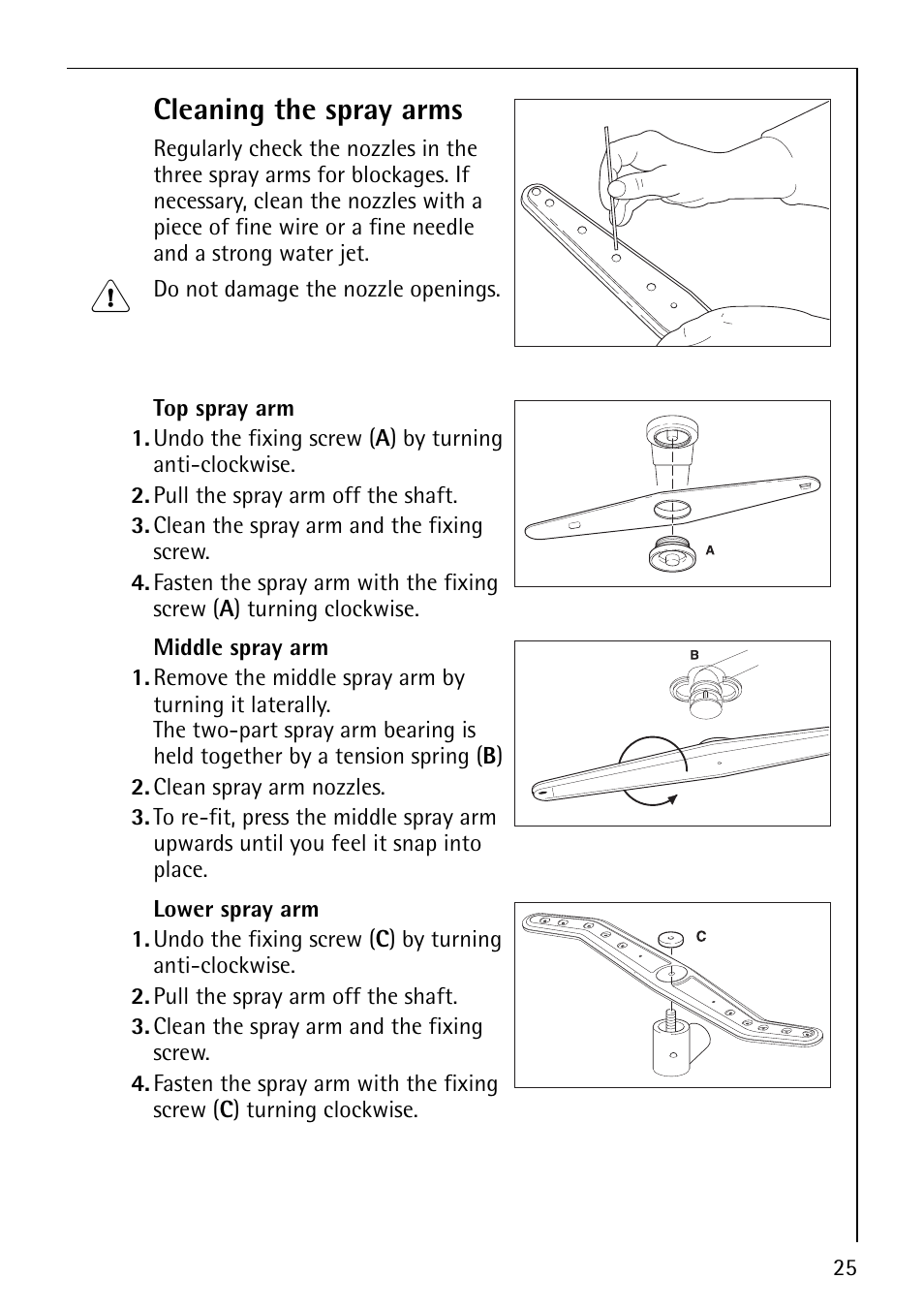 Cleaning the spray arms | Electrolux 64570 Vi User Manual | Page 25 / 44