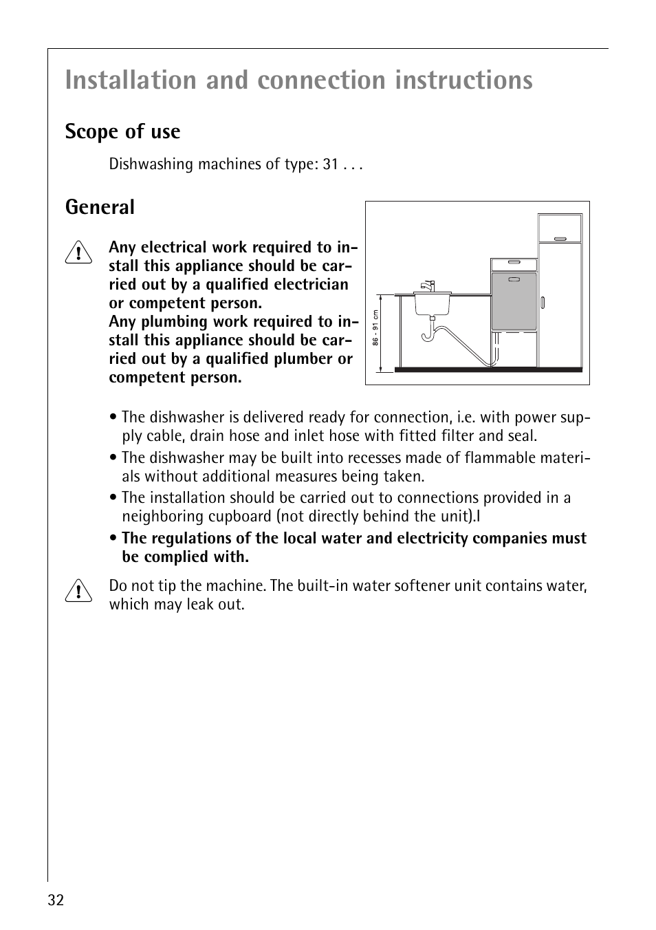 Installation and connection instructions | Electrolux 64570 Vi User Manual | Page 32 / 44