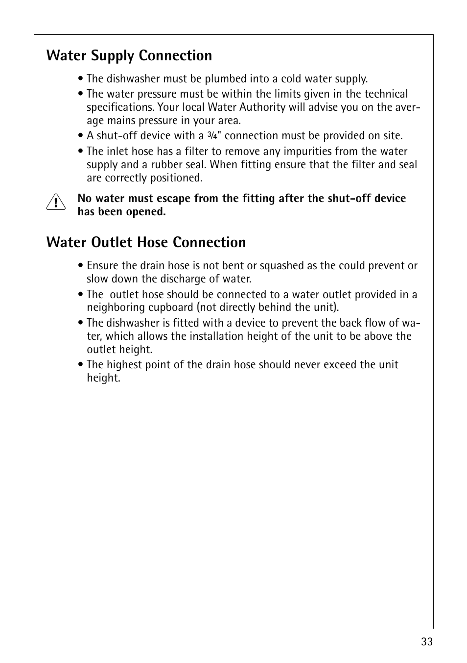Water supply connection, Water outlet hose connection | Electrolux 64570 Vi User Manual | Page 33 / 44