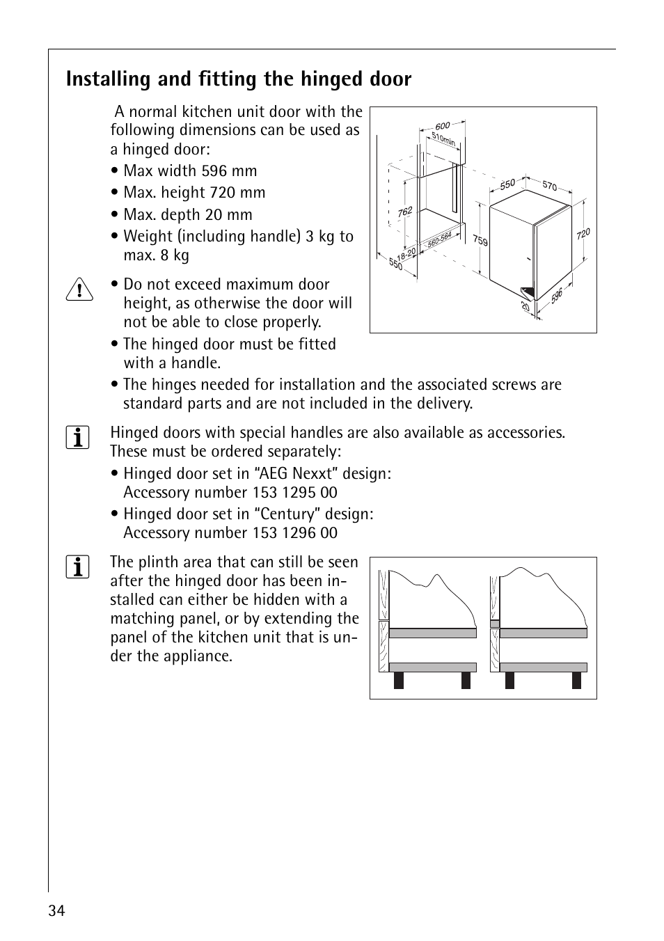 Installing and fitting the hinged door | Electrolux 64570 Vi User Manual | Page 34 / 44