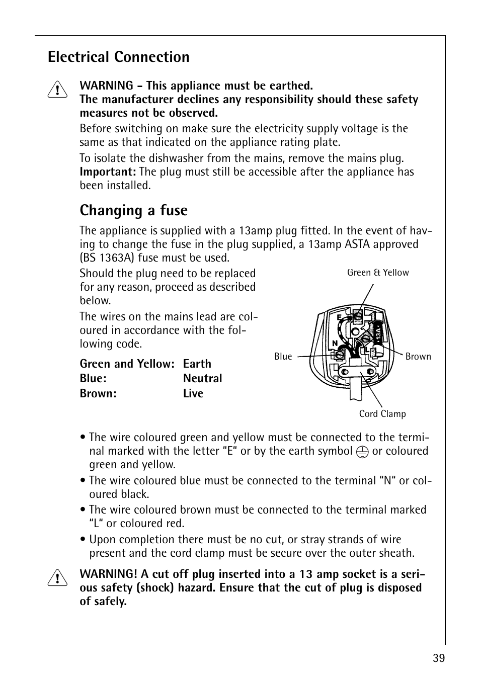 Electrical connection, Changing a fuse | Electrolux 64570 Vi User Manual | Page 39 / 44