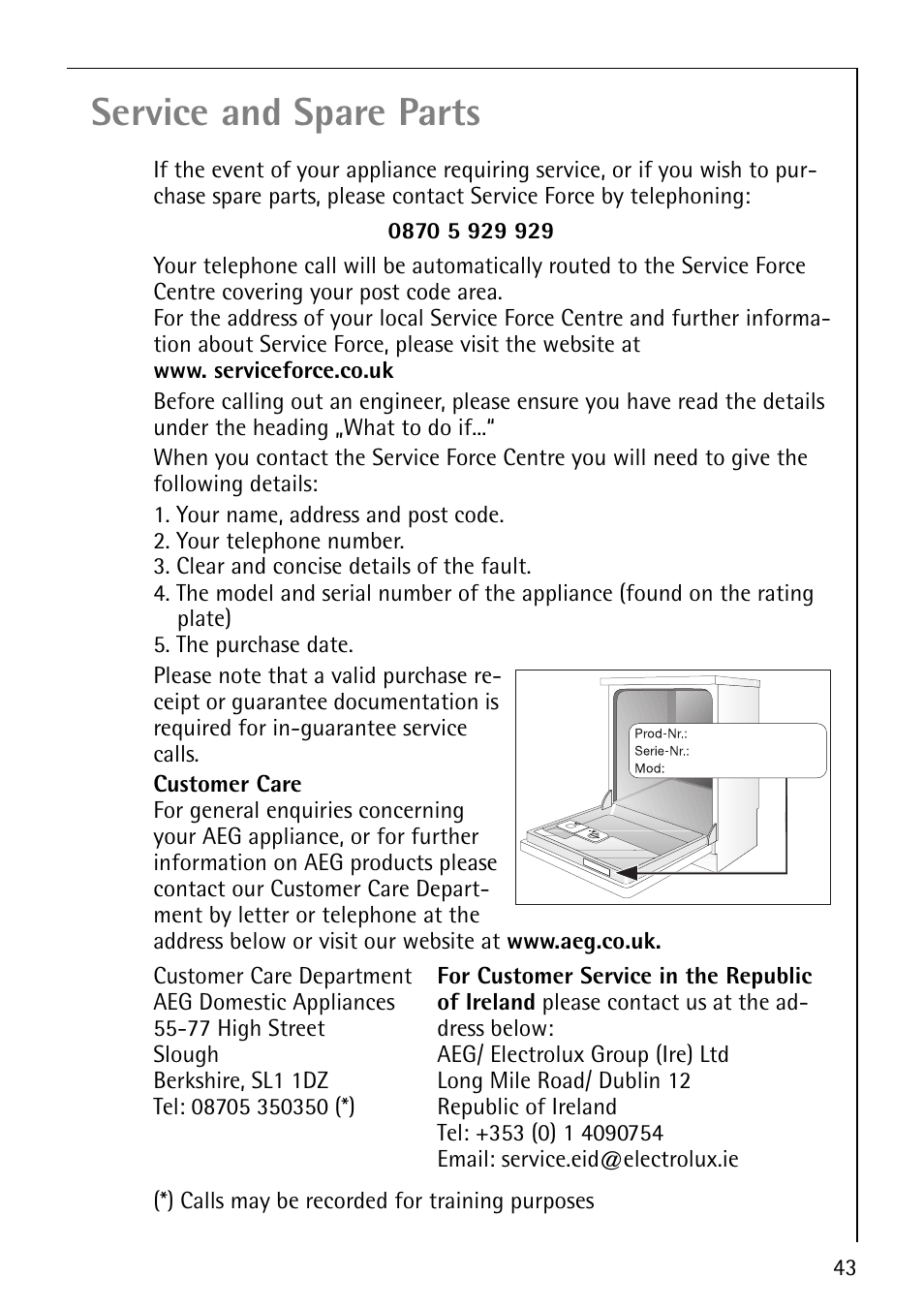 Service and spare parts | Electrolux 64570 Vi User Manual | Page 43 / 44
