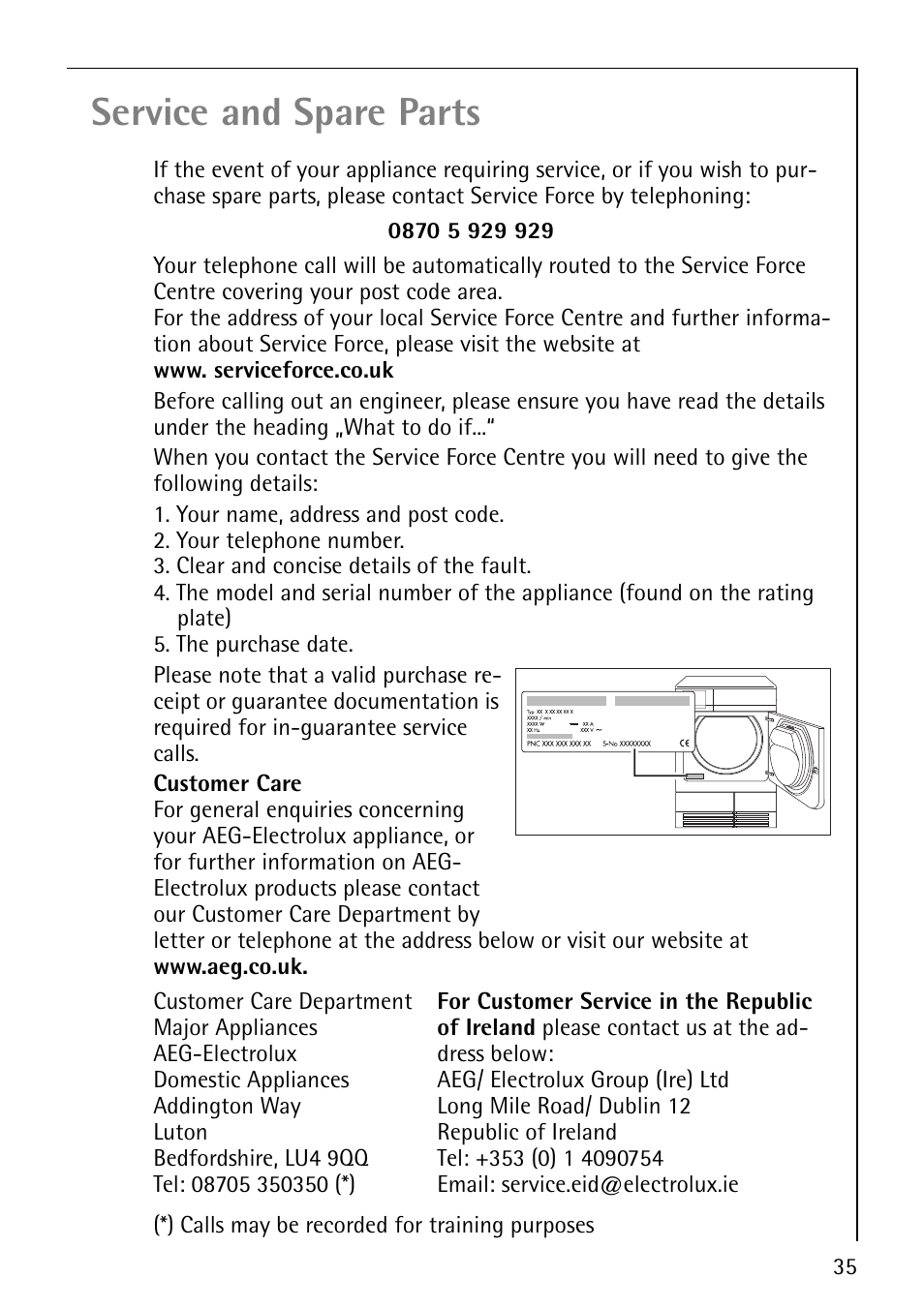 Service and spare parts | Electrolux 56800 User Manual | Page 35 / 36