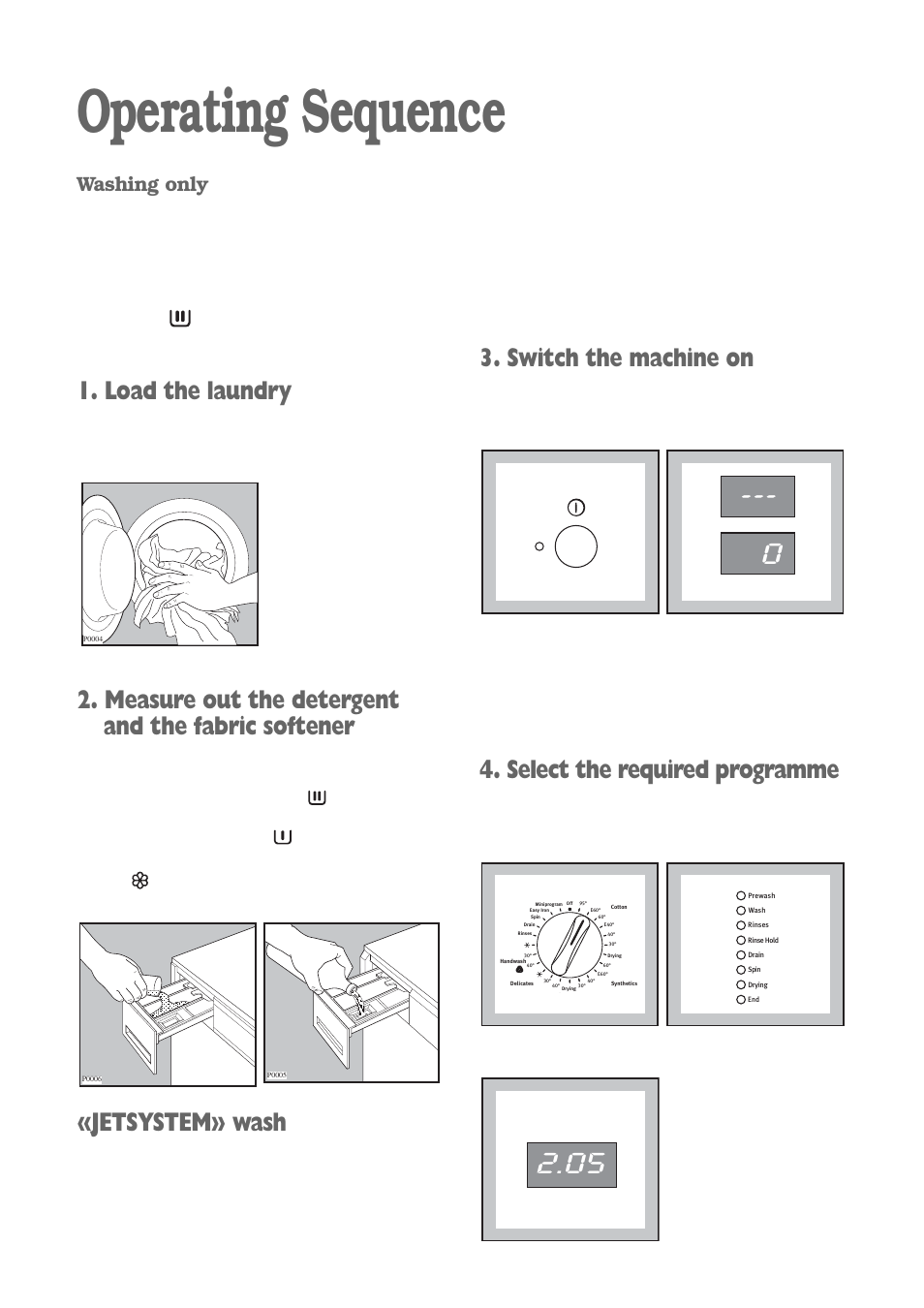 Operating sequence, Load the laundry, Measure out the detergent and the fabric softener | Jetsystem» wash, Switch the machine on, Select the required programme, Washing only | Electrolux EWD 1419 I User Manual | Page 11 / 32