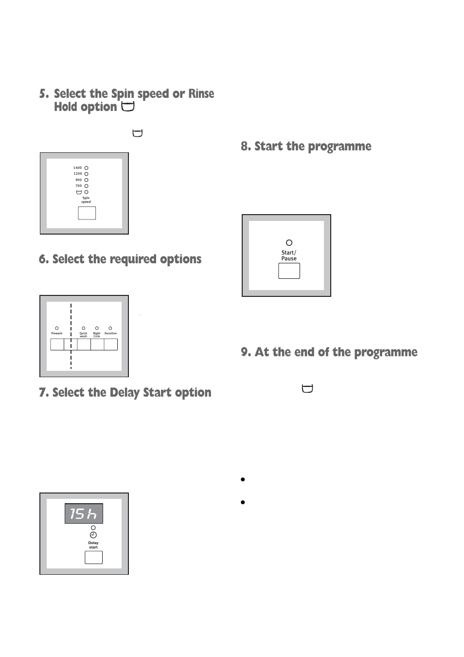 Select the spin speed or rinse hold option, Select the required options, Select the delay start option | Start the programme, At the end of the programme | Electrolux EWD 1419 I User Manual | Page 12 / 32