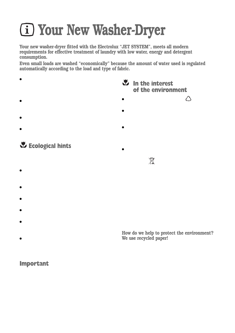Your new washer-dryer, Ecological hints, Important | Electrolux EWD 1419 I User Manual | Page 4 / 32