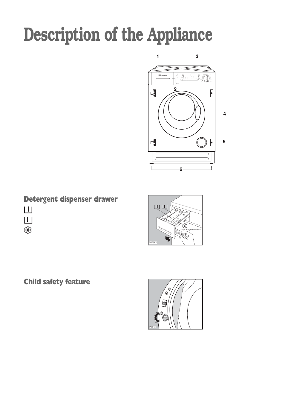 Description of the appliance, Detergent dispenser drawer, Child safety feature | Electrolux EWD 1419 I User Manual | Page 5 / 32