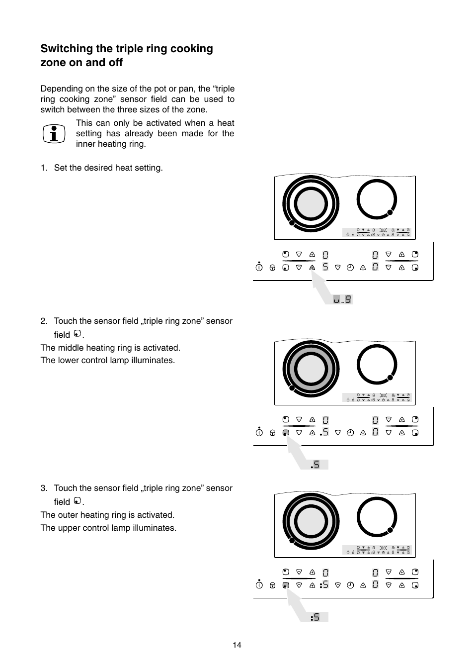 Switching the triple ring cooking zone on and off | Electrolux EHS 6651 P User Manual | Page 12 / 42