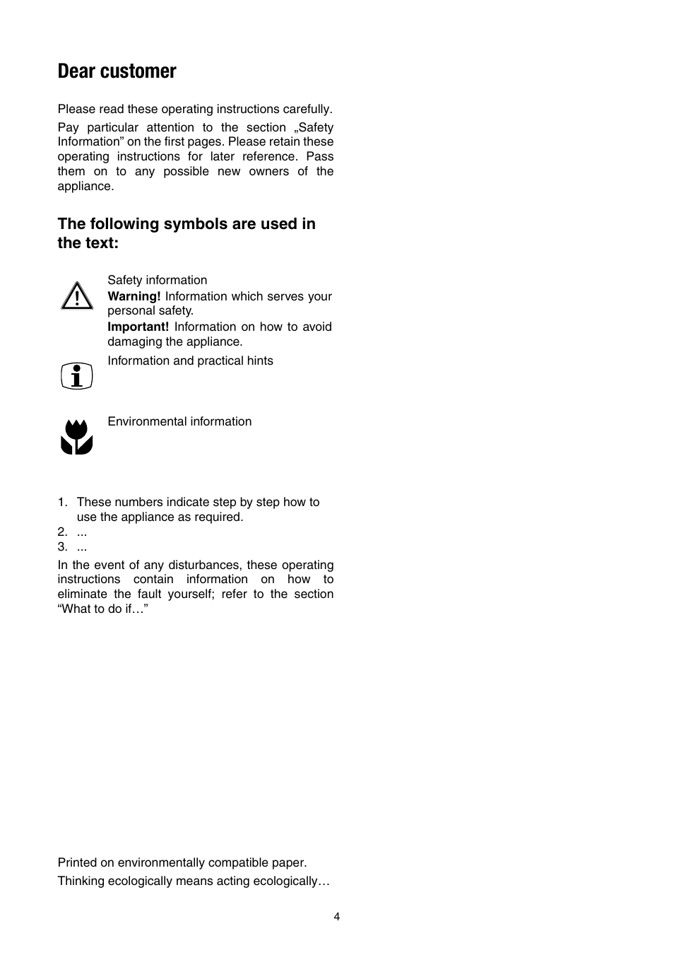 Dear customer, The following symbols are used in the text | Electrolux EHS 6651 P User Manual | Page 2 / 42