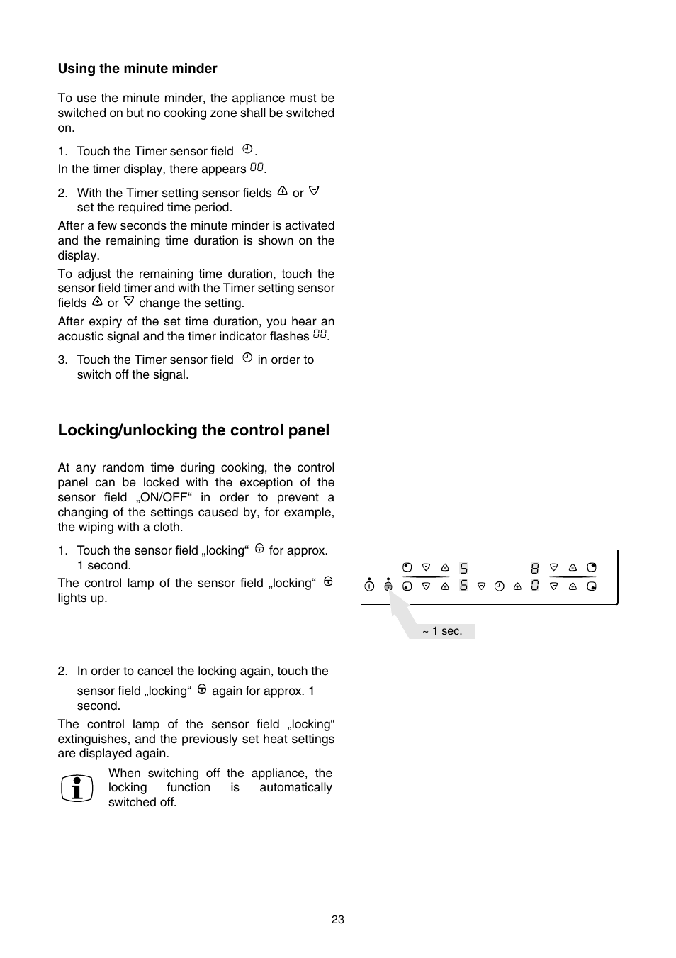 Using the minute minder, Locking/unlocking the control panel | Electrolux EHS 6651 P User Manual | Page 21 / 42
