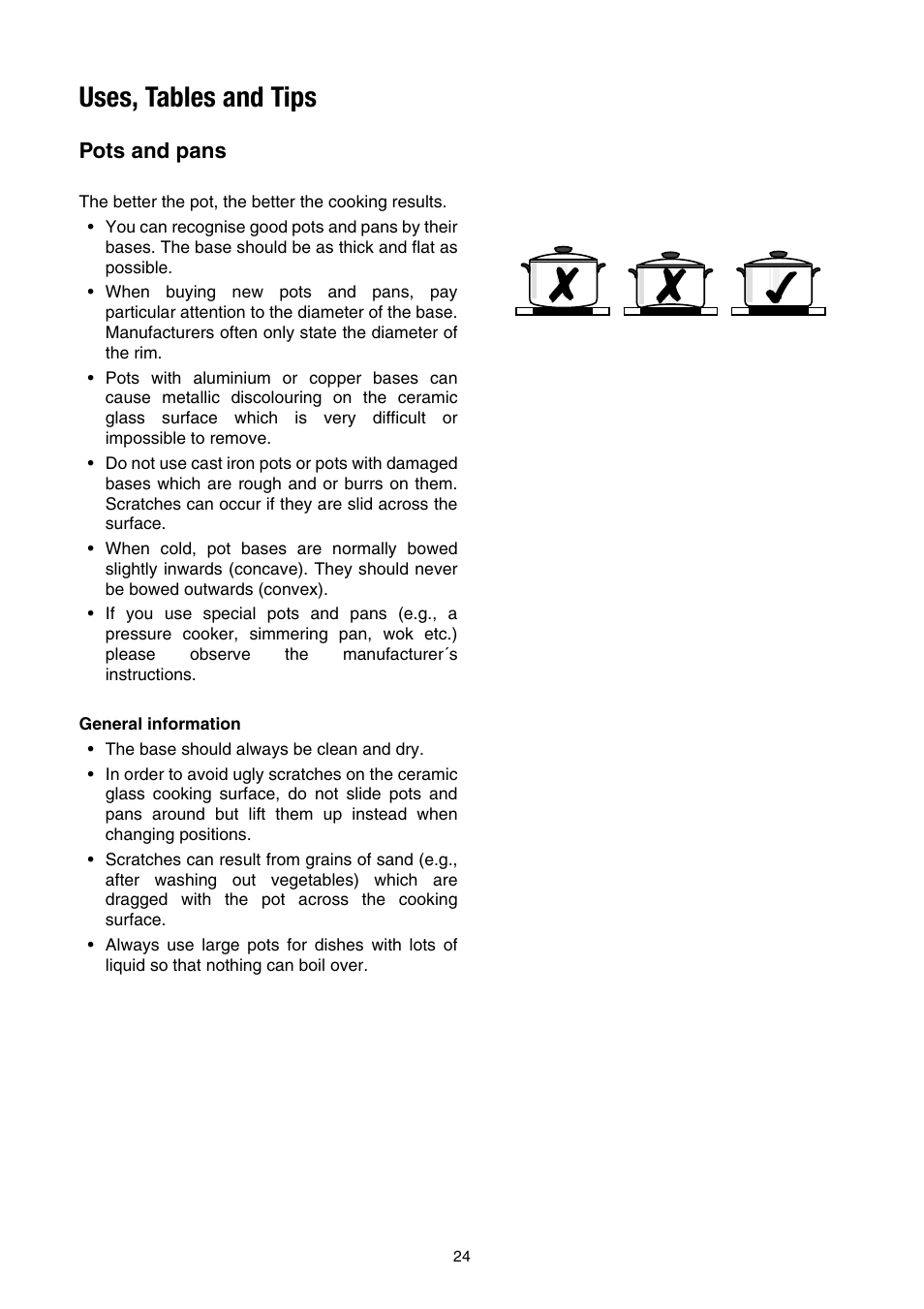 Uses, tables and tips, Pots and pans, Uses, tables and tips pots and pans | Electrolux EHS 6651 P User Manual | Page 22 / 42