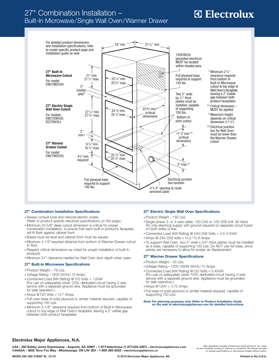 Modd_ew_wd 27inst el 01/10, 27" combination installation, Built-in microwave/single wall oven/warmer drawer | Electrolux major appliances, n.a | Electrolux EI27EW35J S User Manual | Page 4 / 8